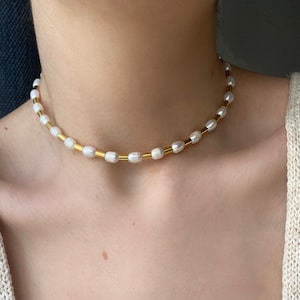 Freshwater Pearl Beaded Choker Necklace, Handmade Beaded Jewelry, Dainty Natural Pearl Beads, Gift for Her image 1
