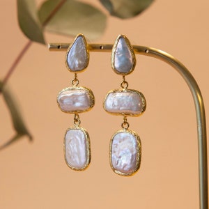 Natural Freshwater Baroque Pearl Earrings, Long Dangle Pearl Drop Earrings, Elegant Gift Earrings, Statement Earrings, Bridal Jewelry image 2
