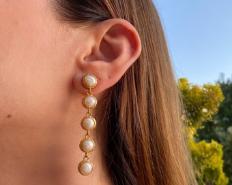 Natural Freshwater Pearl Long Drop Earrings, Round Pearl Dangle Stud Earrings, Statement Earrings, Bridal Pearl Earrings, Christmas Earrings