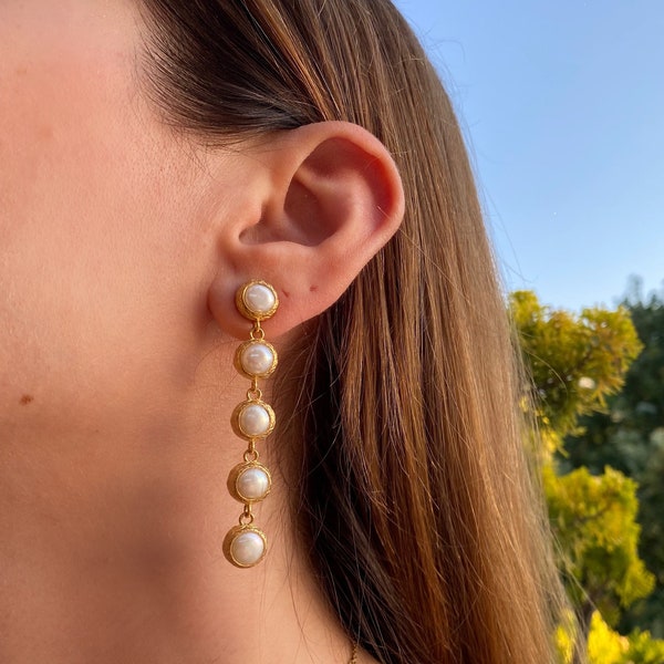 Natural Freshwater Pearl Long Drop Earrings, Round Pearl Dangle Stud Earrings, Statement Earrings, Bridal Pearl Earrings, Christmas Earrings