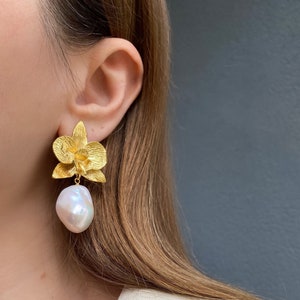 Baroque Pearl Drop Dangle Earrings, Gold Orchid Flower Earrings, Statement Earrings, Handmade Jewelry Earrings, Valentines Gift For Her image 5