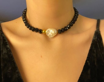 Single Baroque Pearl Choker Necklace, Black Crystal Beads Pearl Choker, Beaded Necklace, Pearl Statement Necklace