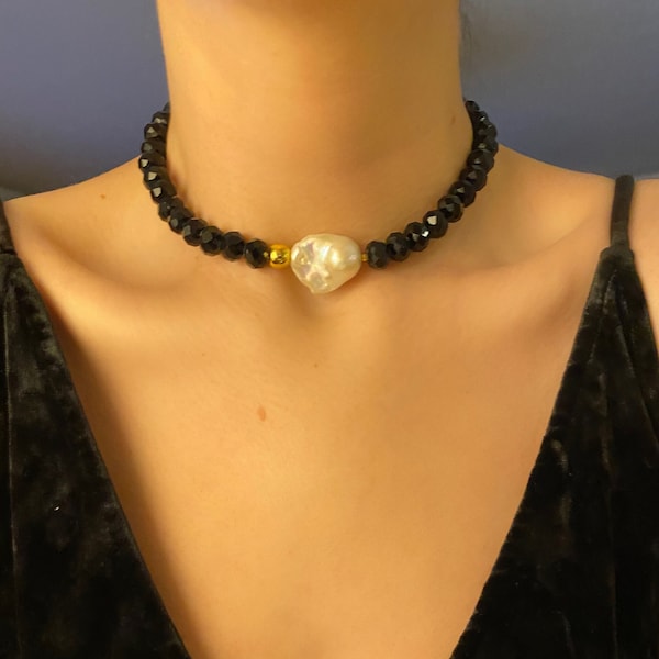 Single Baroque Pearl Choker Necklace, Black Crystal Beads Pearl Choker, Beaded Necklace, Pearl Statement Necklace