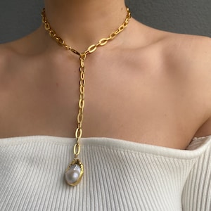 Baroque Pearl Pendant Necklace, Adjustable Paperclip Chain with Baroque Pearl Charm, Elegant Statement Lariat Necklace, Best Gifts For Women image 8