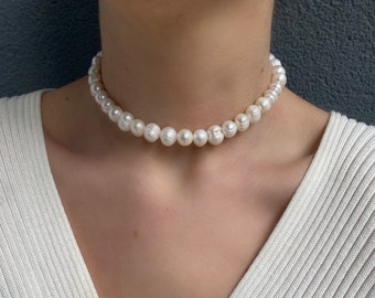 Collier de perles d'eau douce, perles véritables irrégulières, collier de perles blanches un brin, collier de perles pour la mariée, bijoux fantaisie uniques