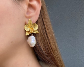 Baroque Pearl Drop Dangle Earrings, Gold Orchid Flower Earrings, Statement Earrings, Handmade Jewelry Earrings, Valentines Gift For Her