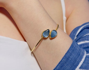 Ocean Blue Cat Eye Stone Arm Cuff, 22k Gold Plated Bangle Bracelet, Open Cuff Bracelet, Bracelets for Women, Adjustable Bangle, Gift for Her