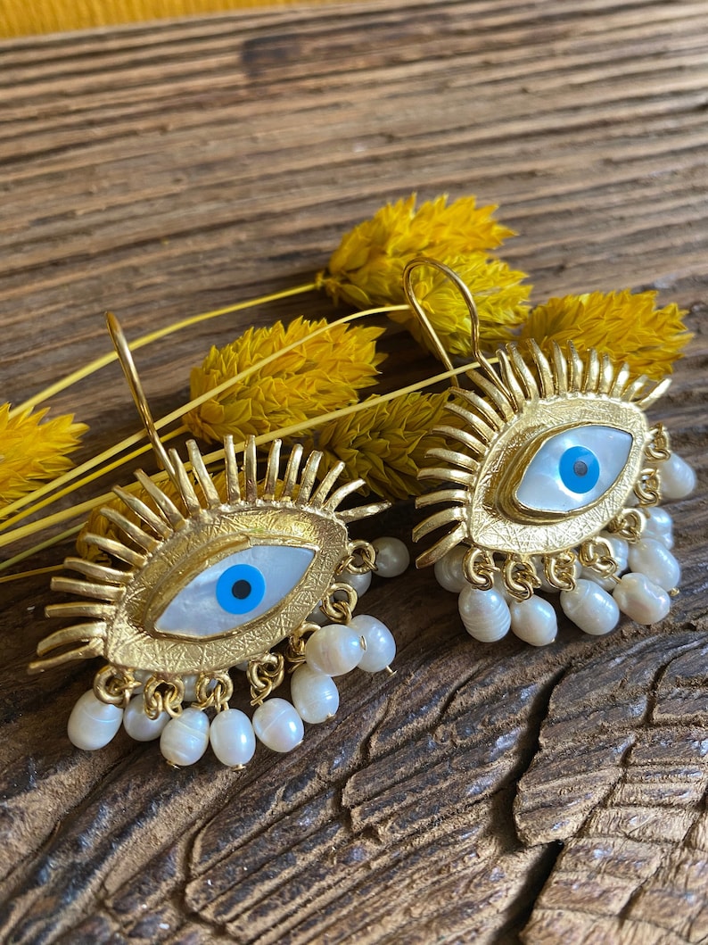 Evil Eye Freshwater Pearl Dangle Earrings, Nacre Stone Eye Design Protection Earrings, Art Deco Pearl Earrings, Unique Handmade Gift image 8