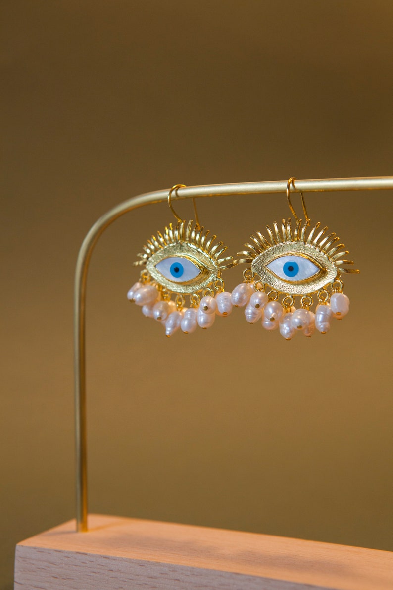 Evil Eye Freshwater Pearl Dangle Earrings, Nacre Stone Eye Design Protection Earrings, Art Deco Pearl Earrings, Unique Handmade Gift image 1