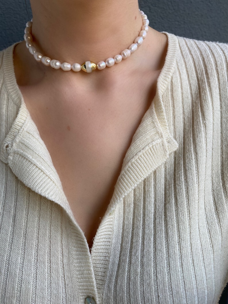 Freshwater Gold Choker Necklace, Pearl Beaded Choker, Layered Pearl Necklace, Minimalist Necklace, Dainty Pearl Necklace, Gift For Her image 7