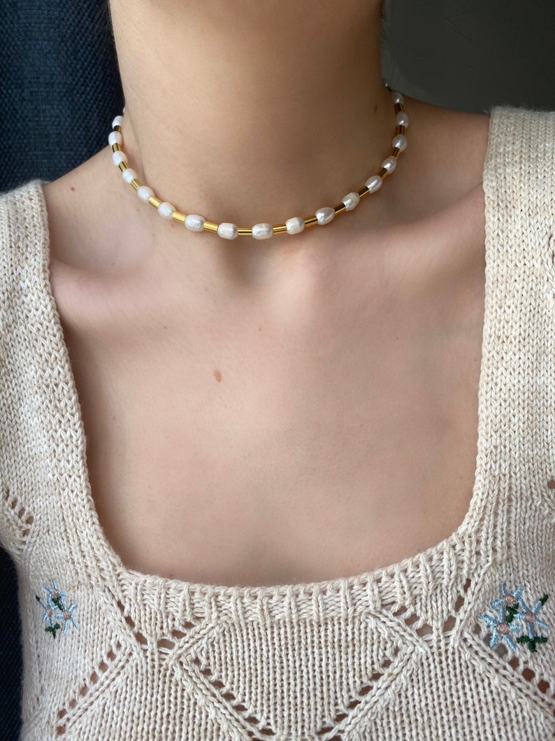 Freshwater Pearl Beaded Choker Necklace, Handmade Beaded Jewelry, Dainty Natural Pearl Beads, Gift for Her image 1