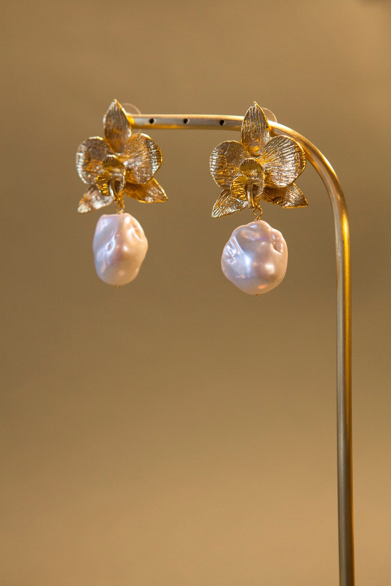 Baroque Pearl Drop Dangle Earrings, Gold Orchid Flower Earrings, Statement Earrings, Handmade Jewelry Earrings, Valentines Gift For Her image 4