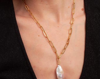 Paperclip Chain Necklace with Large Baroque Pearl Charm, Gold Brass Jewelry