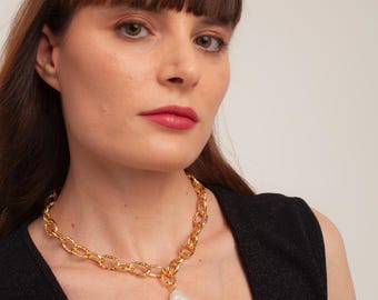 Baroque Pearl Pendant Necklace, Gold Bold Chain Pearl Pendant, Elegant Lariat Necklace, Gold Chunky Chain, Best Gifts For Her
