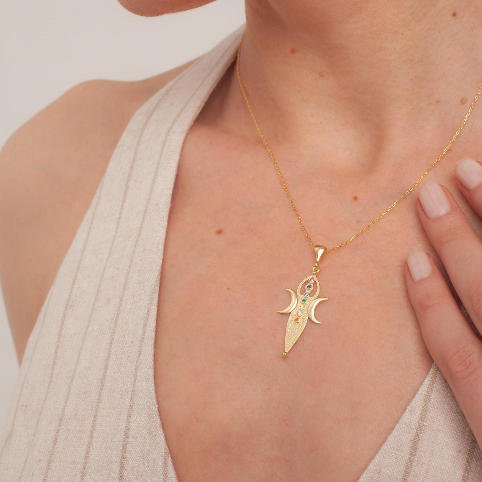 Gold Goddess Pendant, Divine Feminine, 925 Sterling Silver Necklace, 14k Gold, Spiritual Chakra Jewelry, Women Healing, Best Gifts For Her