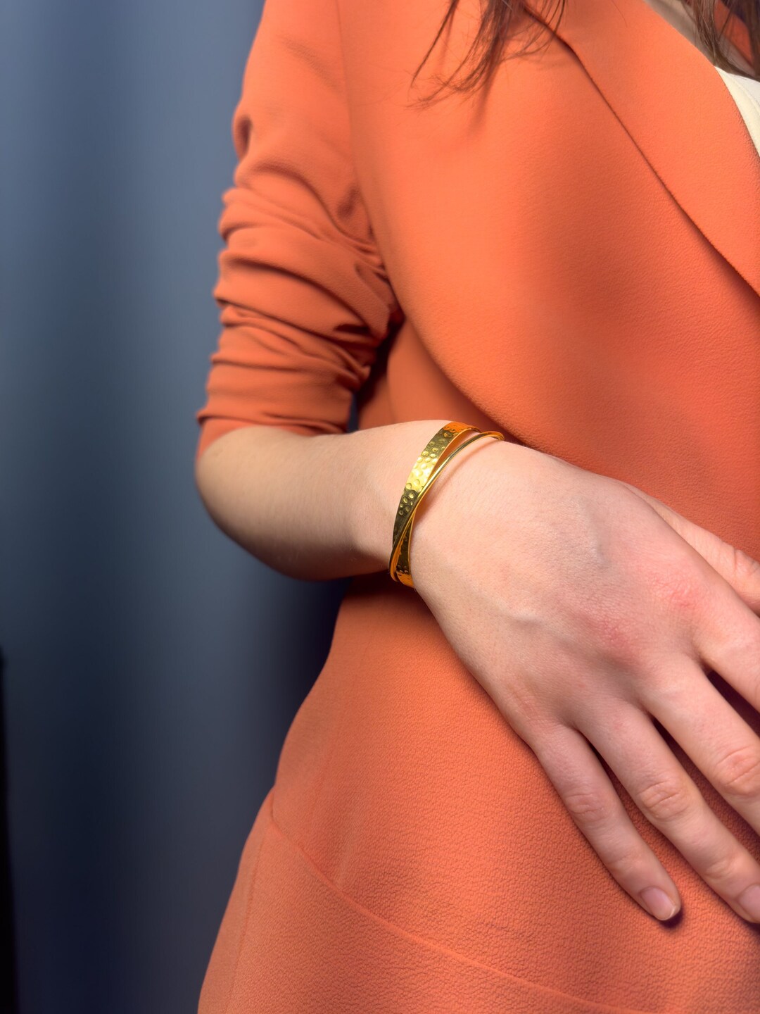 22k Gold Bangle Bracelet, Twisted Double Arm Cuff, Gold Open Cuff