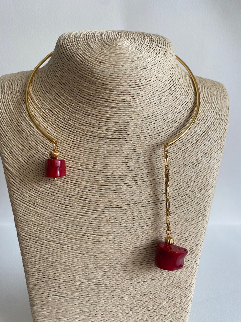 Red Coral Wire Choker Necklace, Coral Gemstone Drop Open Collar Necklace, Elegant Statement Necklace, Unique Holiday Gift, Christmas Jewelry image 8