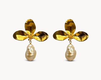14K Gold Fill Pearl Drop Flower Earrings , Baroque Pearl