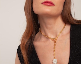 Baroque Pearl Pendant Necklace, Adjustable Paperclip Chain with Baroque Pearl Charm, Elegant Statement Lariat Necklace, Best Gifts For Her