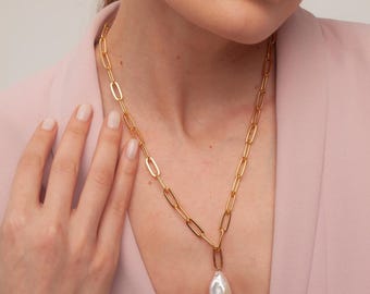 Baroque Pearl Pendant Necklace, Perfect Luster, Pearl Lariat Necklace, Long Pearl Necklace, Gold Chunky Paperclip Chain, Gift For Her