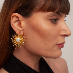 Gold Sun Pearl Earrings: Statement Baroque Pearl Jewelry