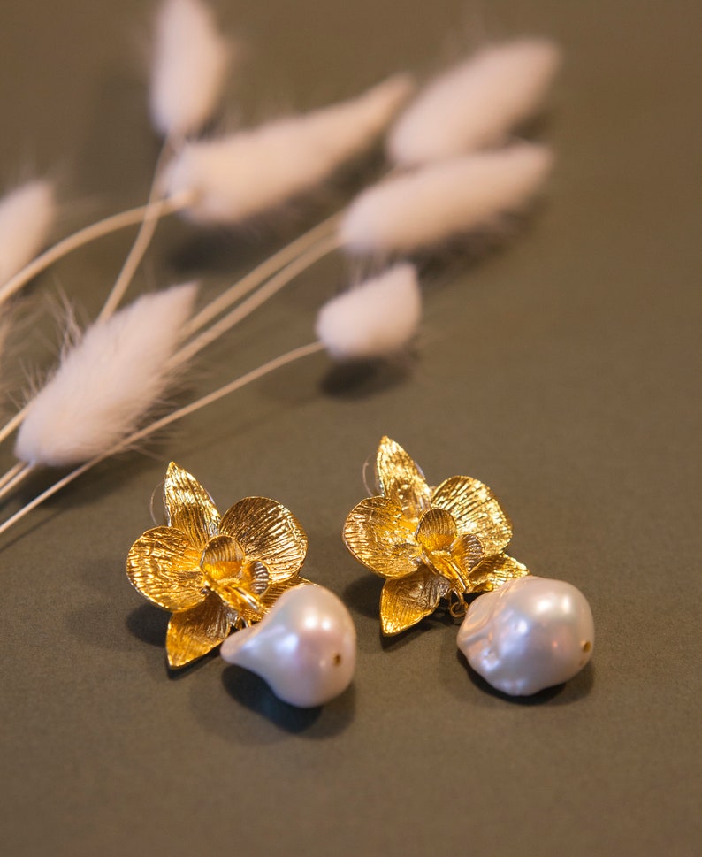 Baroque Pearl Drop Dangle Earrings, Gold Orchid Flower Earrings, Statement Earrings, Handmade Jewelry Earrings, Valentines Gift For Her image 2