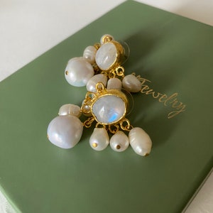 Moonstone Stud Earrings, Freshwater Pearls Drop Dangle Earrings, Gemstone Earrings, Bridal Earrings, Valentines Gift For Her image 2