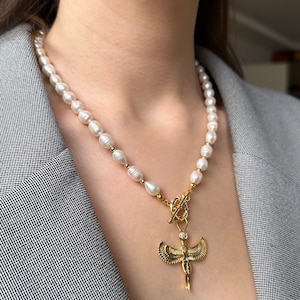 Natural Freshwater Pearl Necklace, 22k Gold-Plated Goddess Isis Pendant, Toggle Clasp Pearl Necklace, Egyptian Isis Charming Necklace image 9