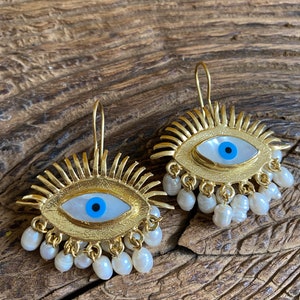 Evil Eye Freshwater Pearl Dangle Earrings, Nacre Stone Eye Design Protection Earrings, Art Deco Pearl Earrings, Unique Handmade Gift image 10