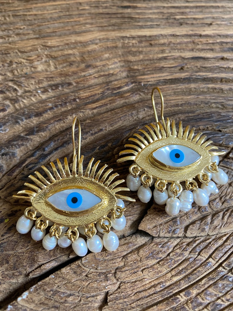 Evil Eye Freshwater Pearl Dangle Earrings, Nacre Stone Eye Design Protection Earrings, Art Deco Pearl Earrings, Unique Handmade Gift image 10