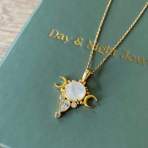 Celestial Gold Pendant Necklace, Moonstone Pendant Necklace, Crescent Moon Design, Sterling Silver Jewelry, Best Gifts For Her
