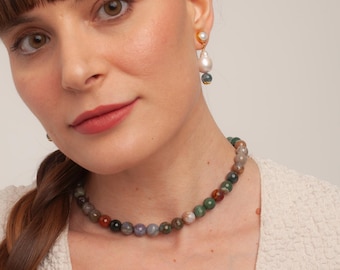 Green Agate Colorful Beaded Necklace: Boho Earthy Tones, Handmade Jewelry