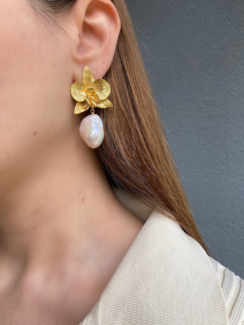 Baroque Pearl Drop Dangle Earrings, Gold Orchid Flower Earrings, Statement Earrings, Handmade Jewelry Earrings, Valentines Gift For Her image 1