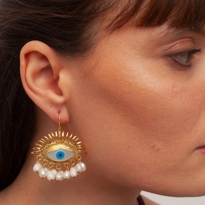 Evil Eye Freshwater Pearl Dangle Earrings, Nacre Stone Eye Design Protection Earrings, Artisan Earrings, Unique Handcrafted Gift For Her