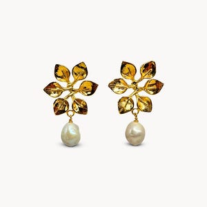 Baroque Pearl Drop Earrings, Gold Flower Design Earrings, Handmade Bridal Jewelry Earrings, Unique Pearl Jewelry Gift For Her