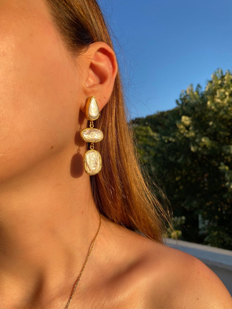 Natural Freshwater Baroque Pearl Earrings, Long Dangle Pearl Drop Earrings, Elegant Gift Earrings, Statement Earrings, Bridal Jewelry image 3