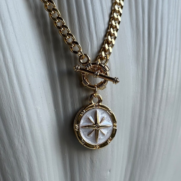 Gold Compass Medallion Pendant, Statement Toggle Clasp Necklace, Gold Toggle Clasp Curb Necklace, Compass Necklace, Handmade Gift