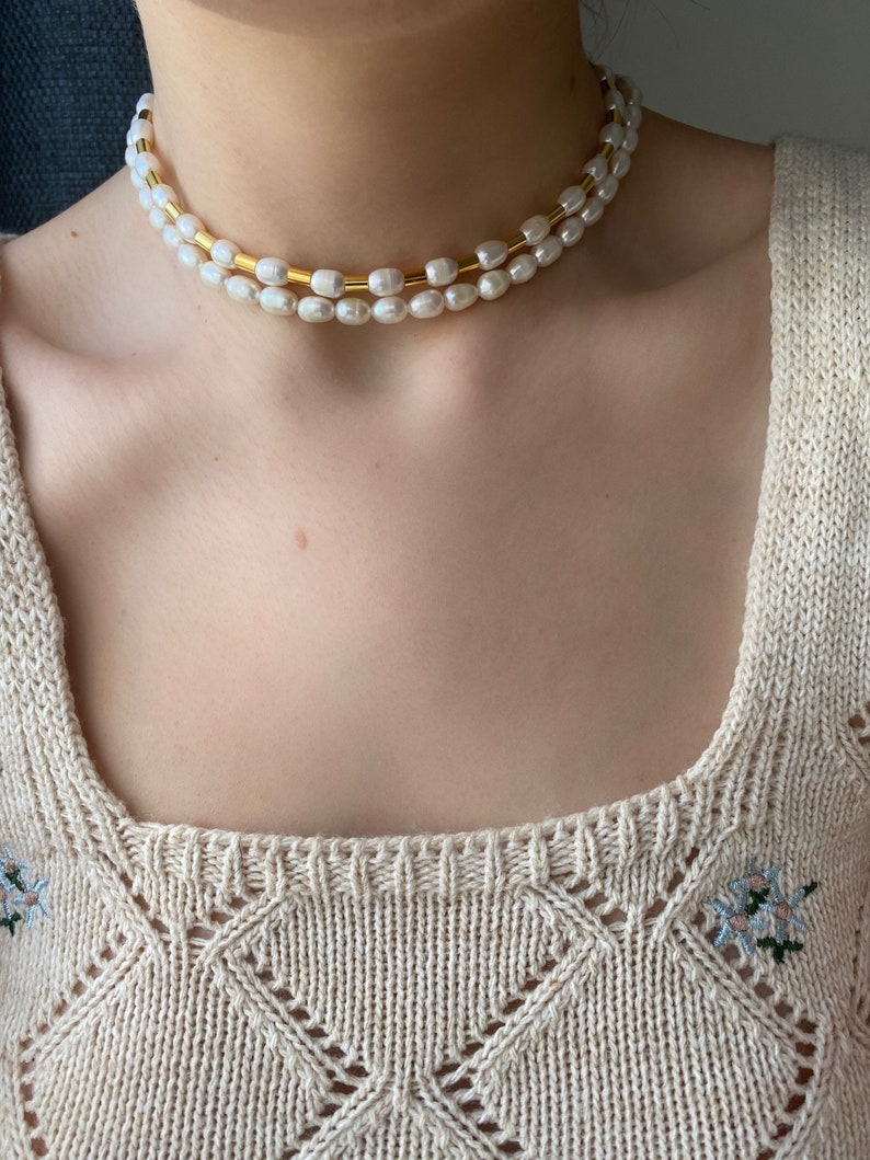 Freshwater Pearl Beaded Choker Necklace, Handmade Beaded Jewelry, Dainty Natural Pearl Beads, Gift for Her image 4