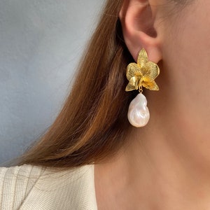 Baroque Pearl Drop Dangle Earrings, Gold Orchid Flower Earrings, Statement Earrings, Handmade Jewelry Earrings, Valentines Gift For Her image 7