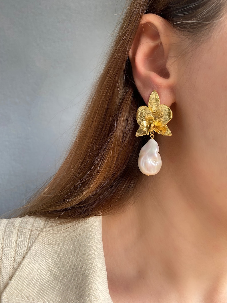 Baroque Pearl Drop Dangle Earrings, Gold Orchid Flower Earrings, Statement Earrings, Handmade Jewelry Earrings, Valentines Gift For Her image 7