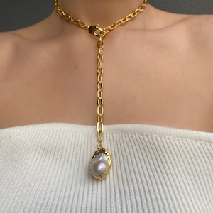 Baroque Pearl Pendant Necklace, Adjustable Paperclip Chain with Baroque Pearl Charm, Elegant Statement Lariat Necklace, Best Gifts For Women image 3