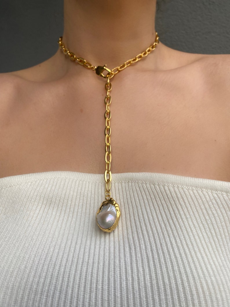 Baroque Pearl Pendant Necklace, Adjustable Paperclip Chain with Baroque Pearl Charm, Elegant Statement Lariat Necklace, Best Gifts For Women image 3
