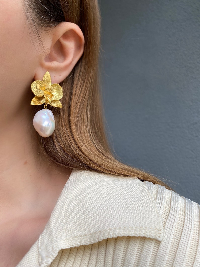 Baroque Pearl Drop Dangle Earrings, Gold Orchid Flower Earrings, Statement Earrings, Handmade Jewelry Earrings, Valentines Gift For Her image 5