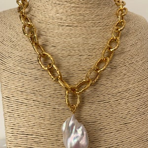 Chunky Big Baroque Pearl Necklace Gold Bold Chain Pearl - Etsy