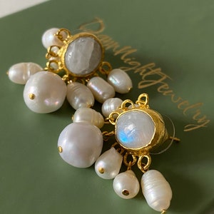 Moonstone Stud Earrings, Freshwater Pearls Drop Dangle Earrings, Gemstone Earrings, Bridal Earrings, Valentines Gift For Her image 4