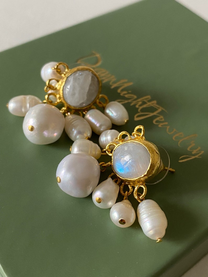 Moonstone Stud Earrings, Freshwater Pearls Drop Dangle Earrings, Gemstone Earrings, Bridal Earrings, Valentines Gift For Her image 4