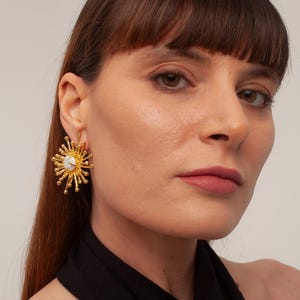 Sonnen Perle Ohrringe, Süßwasser Perle Gold Statement Ohrringe, himmlische Ohrringe, Handgefertigter Gelegenheitsschmuck, Valentinstag Geschenk