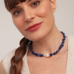 Lapis Lazuli Stone Beaded Pearl Necklace, Single Baroque Pearl Design Choker, Statement Necklace, Handmade Summer Jewelry, Gift For Her