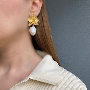 Baroque Pearl Drop Dangle Earrings, Gold Orchid Flower Earrings, Statement Earrings, Handmade Jewelry Earrings, Valentines Gift For Her image 3