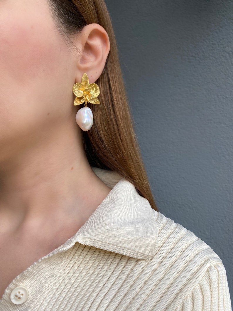 Baroque Pearl Drop Dangle Earrings, Gold Orchid Flower Earrings, Statement Earrings, Handmade Jewelry Earrings, Valentines Gift For Her image 3